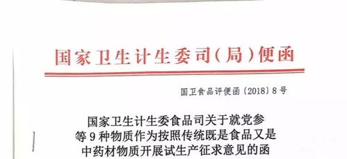 食品司关于就党参等9种物质作为按照传统既是食品又是中药材物质开展试生产征求意见的函